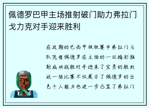 佩德罗巴甲主场推射破门助力弗拉门戈力克对手迎来胜利